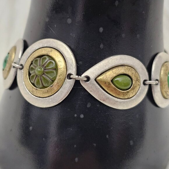 Vintage Retro Silver Gold Tone Floral Green Disc Art Deco Metal Bracelet - Picture 2 of 6